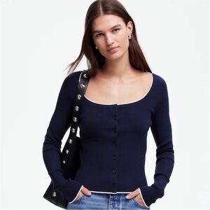 Madewell the signature knit scoop neck cardigan navy white cream fitted xs